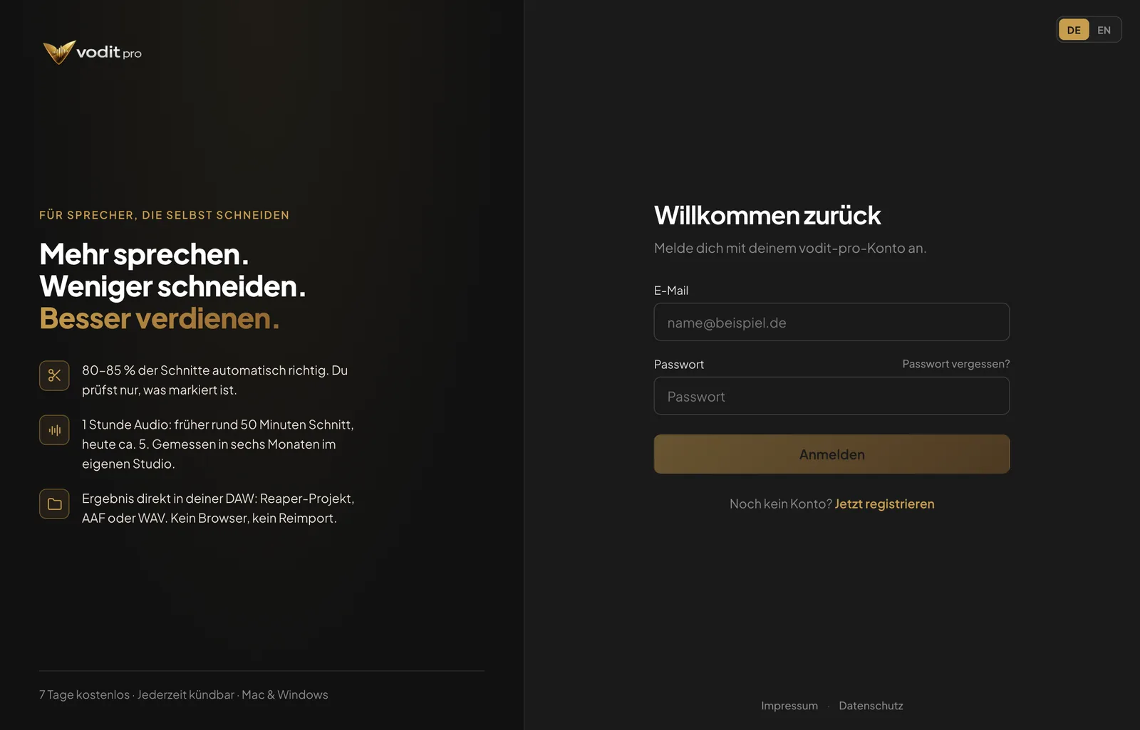 Das Anmeldefenster von vodit pro