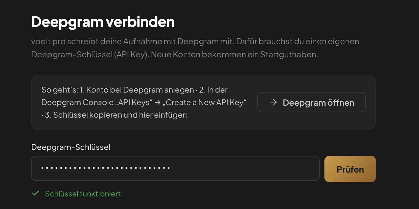Schritt 2: Deepgram-Schlüssel einfügen und prüfen