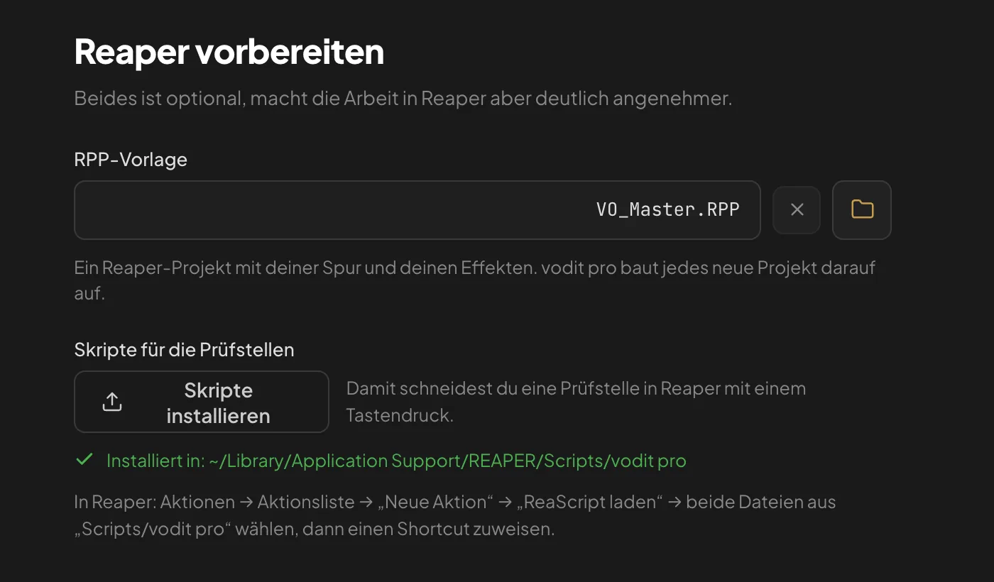 Nur bei Reaper: RPP-Vorlage und Skripte für die Prüfstellen
