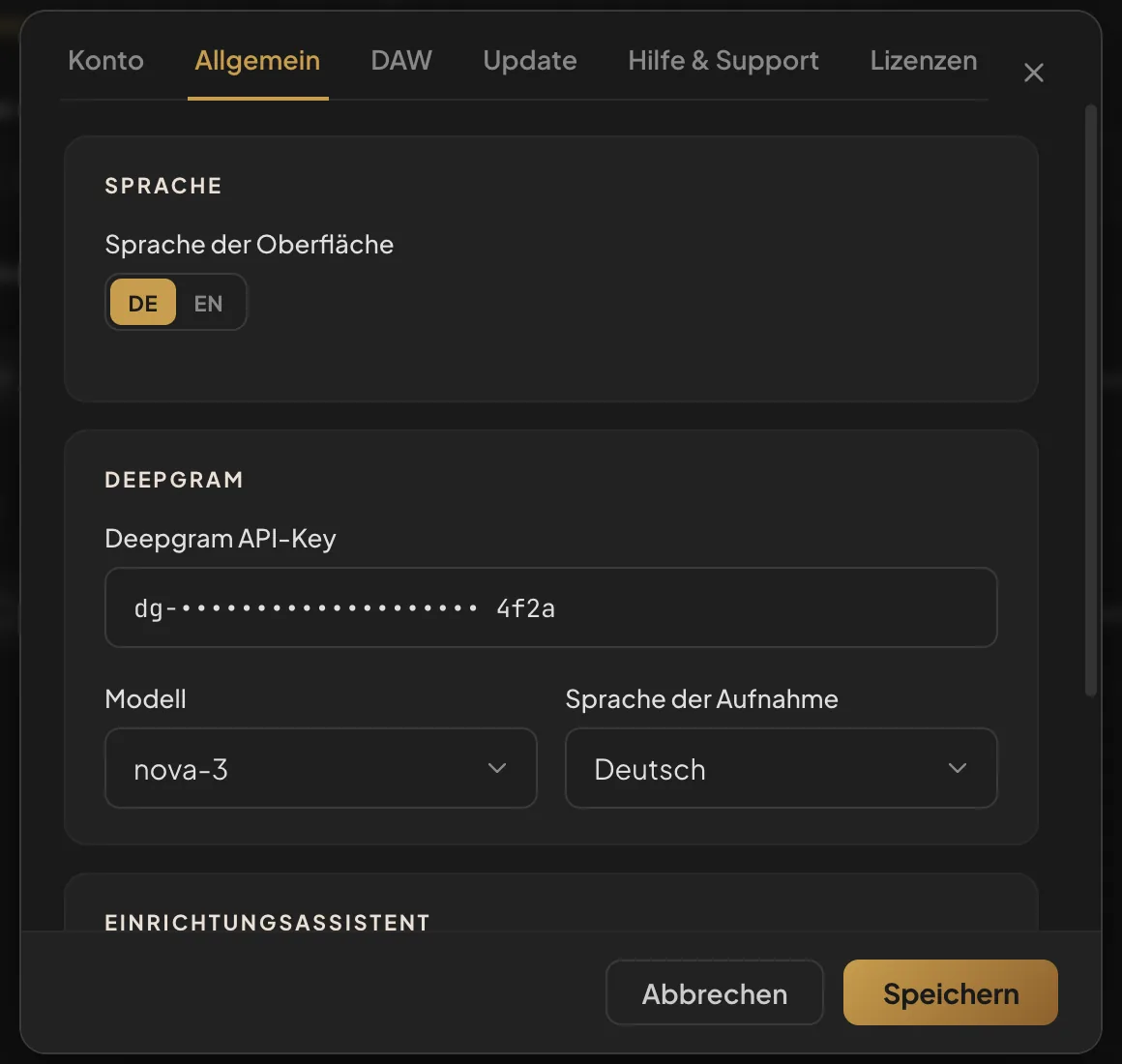 Profil › Allgemein: hier trägst du einen neuen Deepgram-Schlüssel ein