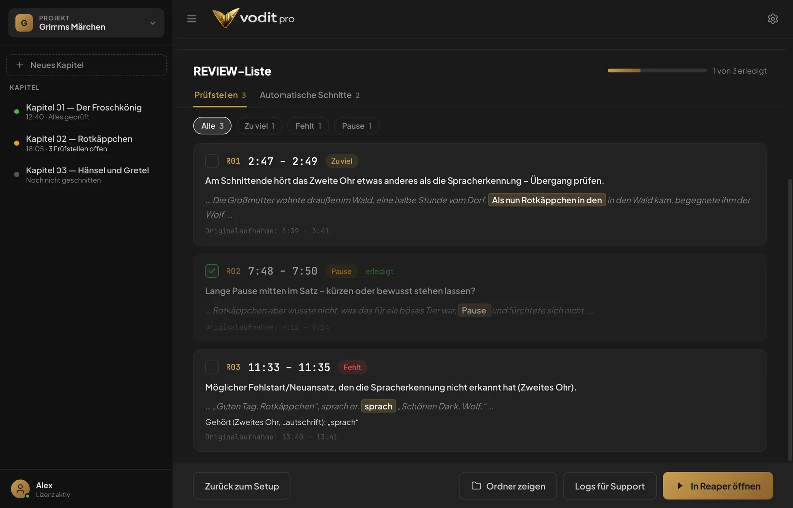 Die REVIEW-Liste mit Filter und Prüfstellen